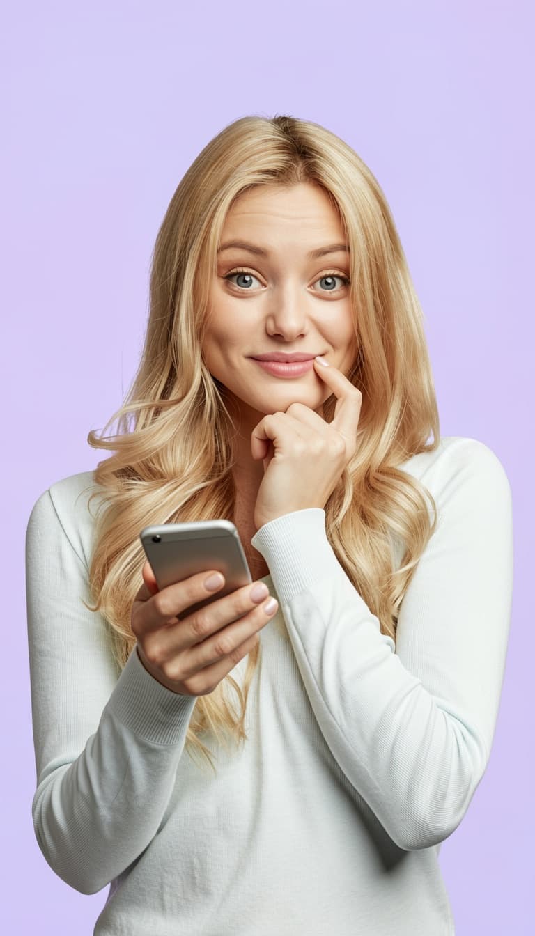 Mulher loira sorrindo segurando o celular