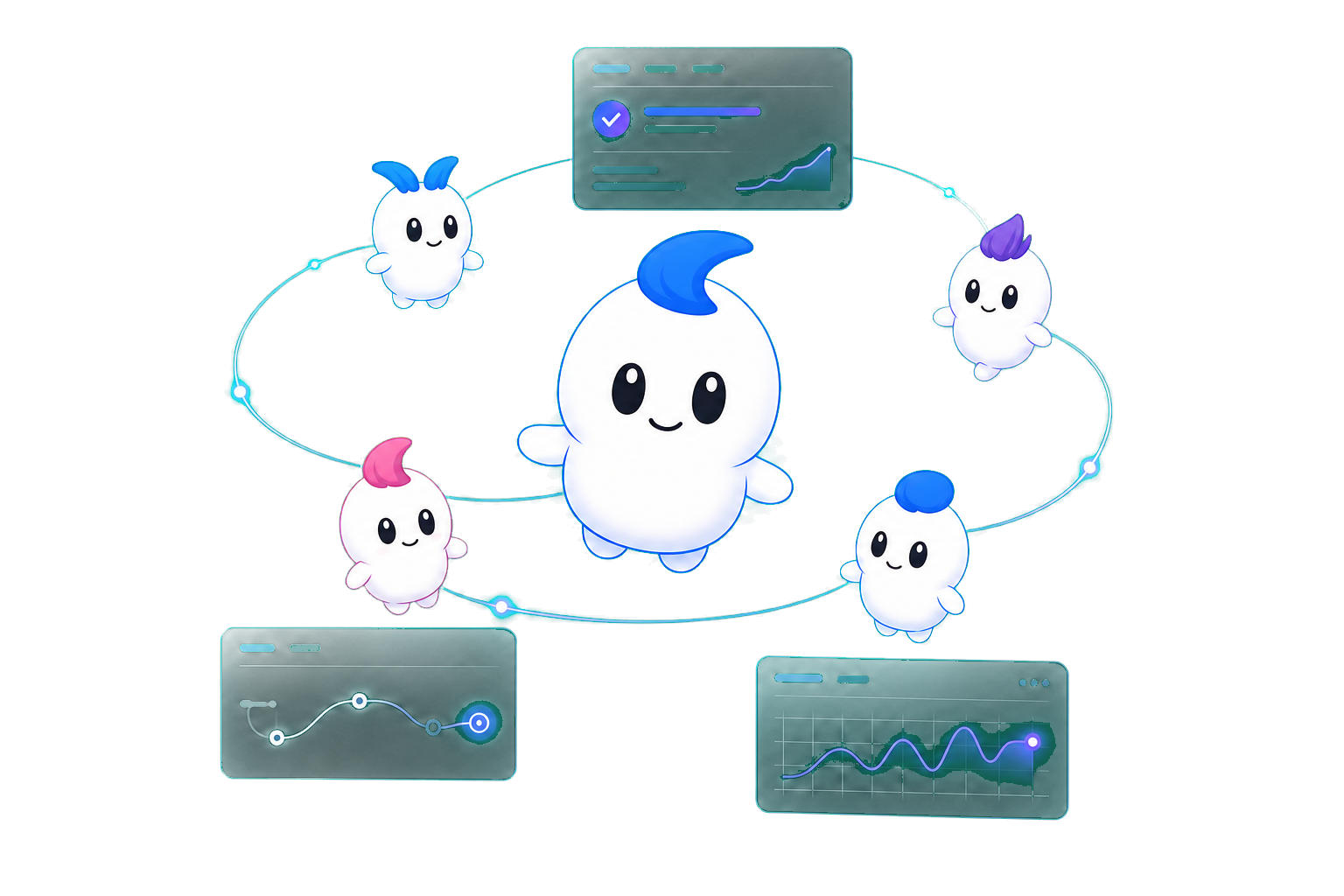 Nexo, the SocialGO orchestrator agent, surrounded by the Route, Pulse, Margin and Shield agents connected in orbit.