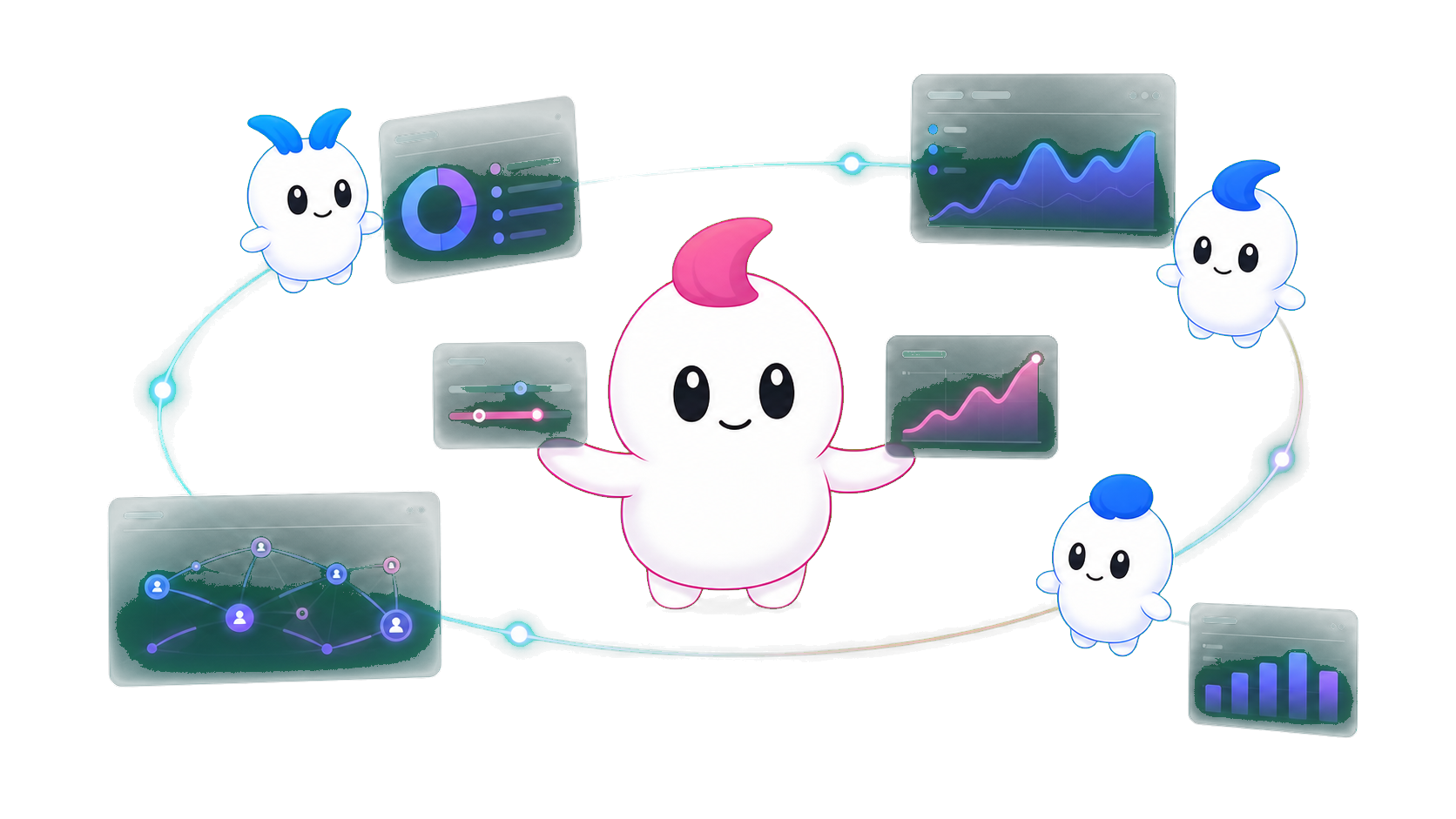 SocialGO の価格設定エージェント Margin が、リセラーのウォレットパネルのそばに立っている。